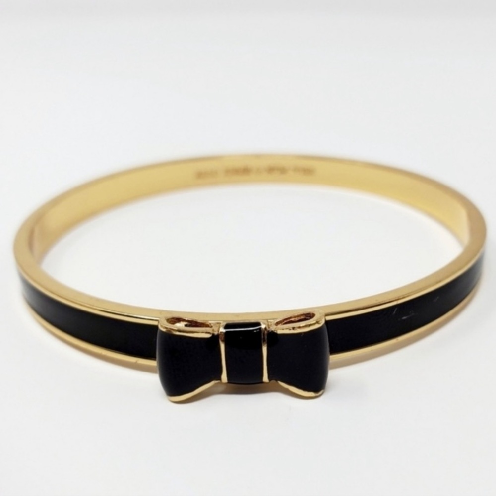 Kate Spade Take A Bow Black & Gold Bracelet | Enamel Bow | 7.5” Interior | GUC - Picture 2 of 11